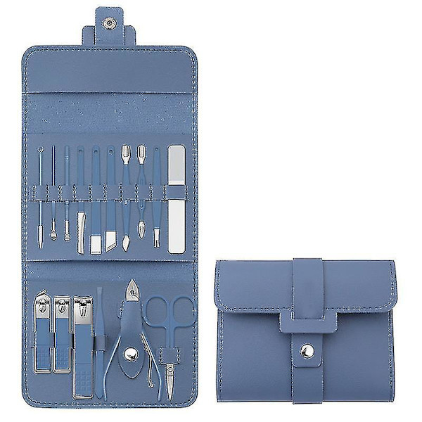Set med 16 Nagelklippare i Rostfritt Stål, Nagelklipparset med Vikbart Fodral, Manikyr Saxar, Naglar Blue