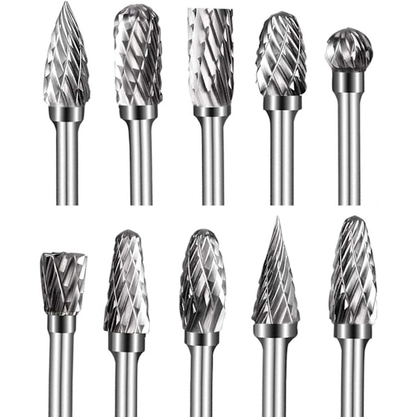 10-delad uppsättning dubbla skärtungstenkarbidfräsar 1/8” Rotationsfrässet 6 mm skärhuvud