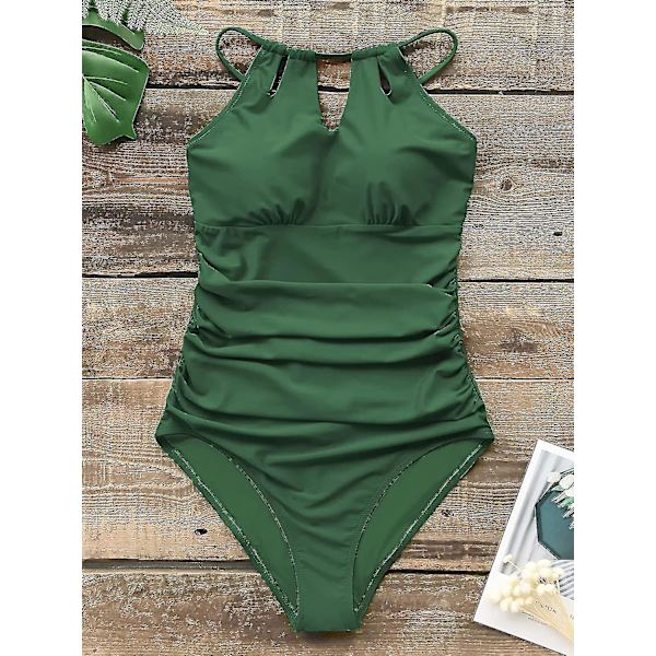 Dam badkläder i ett stycke med hög hals, strandkläder, rynkad magkontroll, baddräkt Green XS