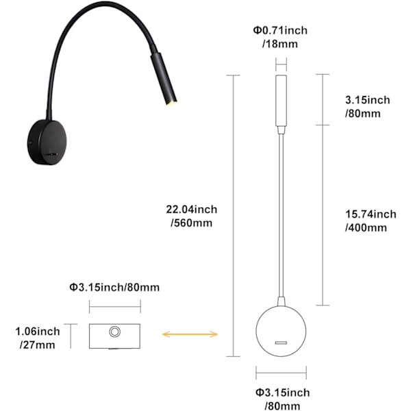 Svanehalslampe Sort, 3W LED 3000K Varmt Hvid Natbordslæselampe Vægmonteret, Aluminium Natbordslæselampe med Afbryder til Bog