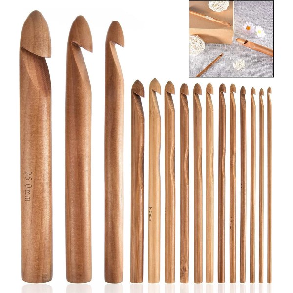 15 dele træ hæklenåle sæt bambus bambus hæklenåle