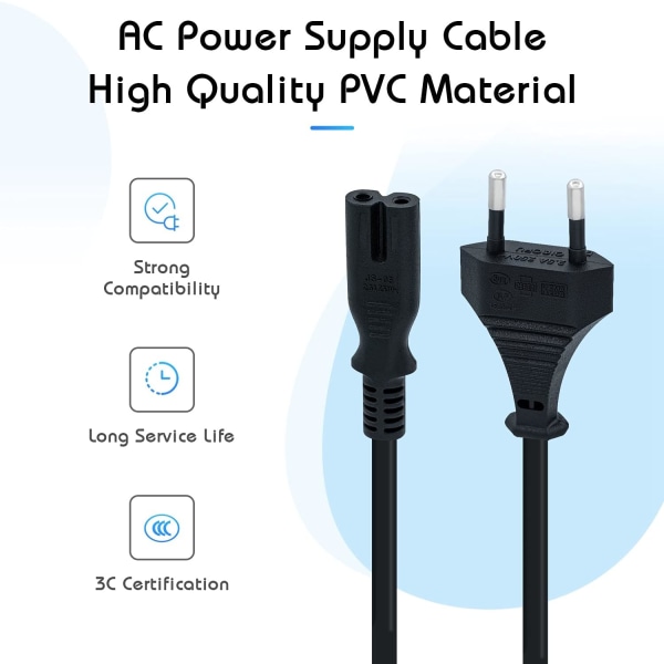 1,5 M (4,9 FT) EU-kontakt C7 Power Bipolar 2-kabel för PS5 / PS4 / PS3 / Xbox Series X / S - Svart