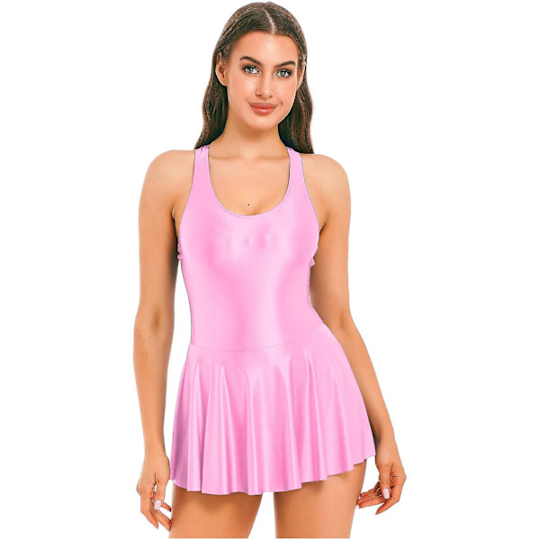 Dam Leotard Mini Klänning Sommar Baddräkt Kvinnlig Ärmlös Glansig Tank Klänning Strand Sundress Femme Fest Clubwear M Pink