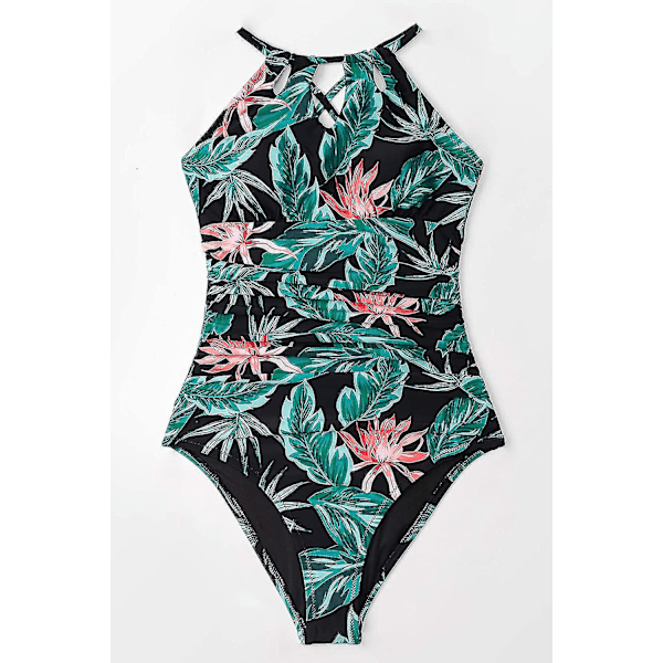 Dam badkläder i ett stycke med hög hals, strandkläder, rynkad magkontroll, baddräkt Green Leaf S