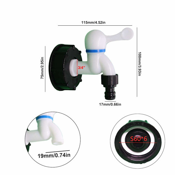 IBC Tank Adapter S60x6 Ventiltapp Plasttapp Slangekobling Tonntønne Tilbehør Adapter for Regnvannssamlere Tilbehør Utløpstilbehør
