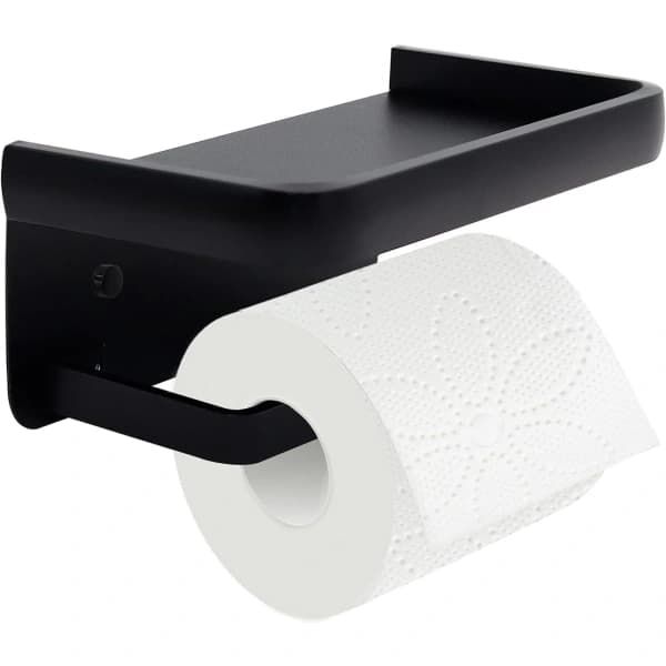 WC-paperiteline hyllyllä, musta.