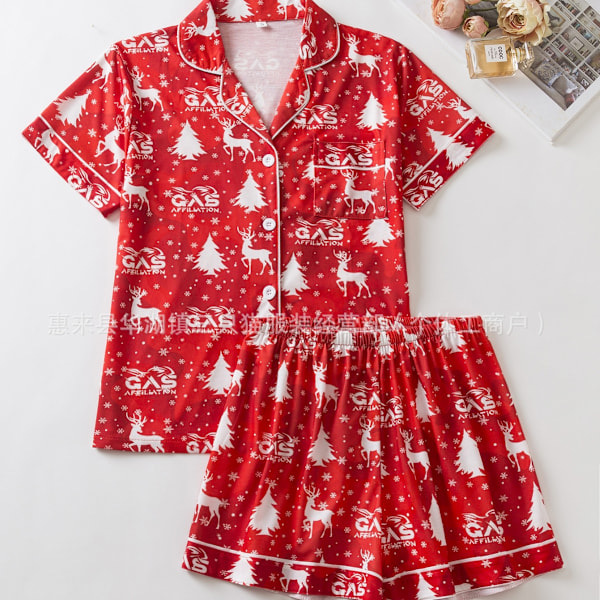 Nye kortærmede shorts afslappet cardigan ternet dame pyjamas hjemmetøj L Red