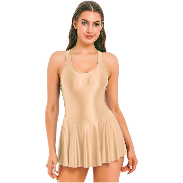 Dam Leotard Mini Klänning Sommar Baddräkt Kvinnlig Ärmlös Glansig Tank Klänning Strand Sundress Femme Fest Clubwear L Coffee