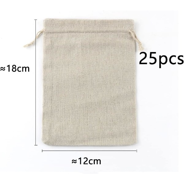 25 stk. Små Stoffposer Bomullspose 13x18cm Jute Pose Stoff Snøring Stoffpose Smykker Gaveposer Gjenbrukbar Tepose