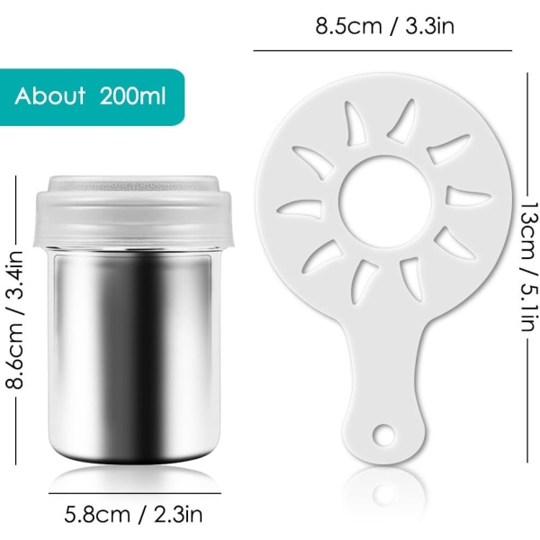 2 rustfrie stål pulverrystere, mesh shaker pulverdåser til kaffe kakao kanelpulver med låg, med 16 stykker trykmønter stencils