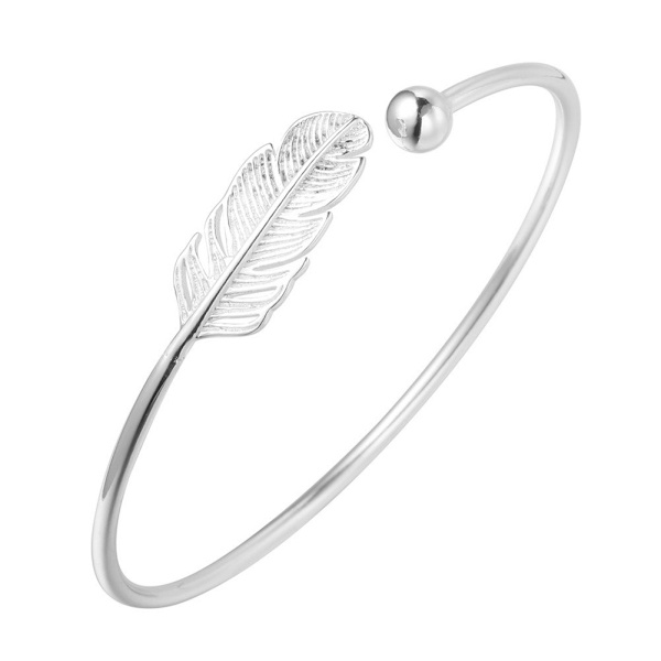 Armband i Sterling Silver Pläterad Äkta Vit Fjäder för Kvinnor, Öppen Justerbar, 60MM