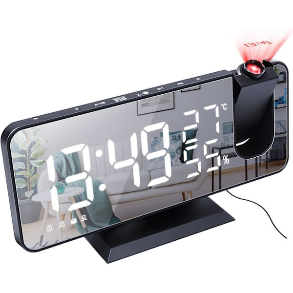 Projektionsväckarklocka med FM-radio, LED-digital klocka med 180° projektionsdisplay med USB-laddningsportar (Svart)