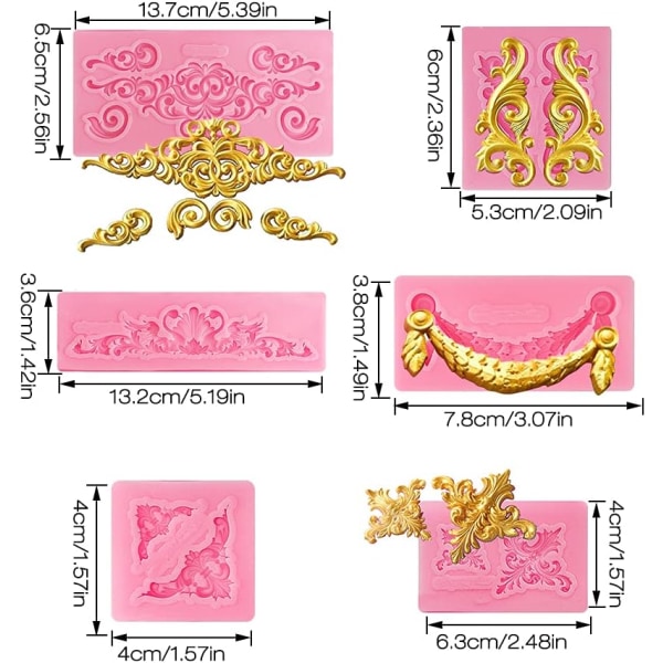 Silikon vinranke blomsterform, 6 deler silikon kake dekorasjonsform, Fondant barokk blomsterkakeverktøy