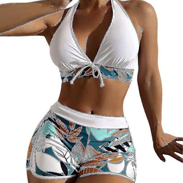 Dambikini med Halterneck Push Up BH, Baddräkt med Shorts, Tvådelad Baddräkt, Sommarstrandkläder, Badkläder White M