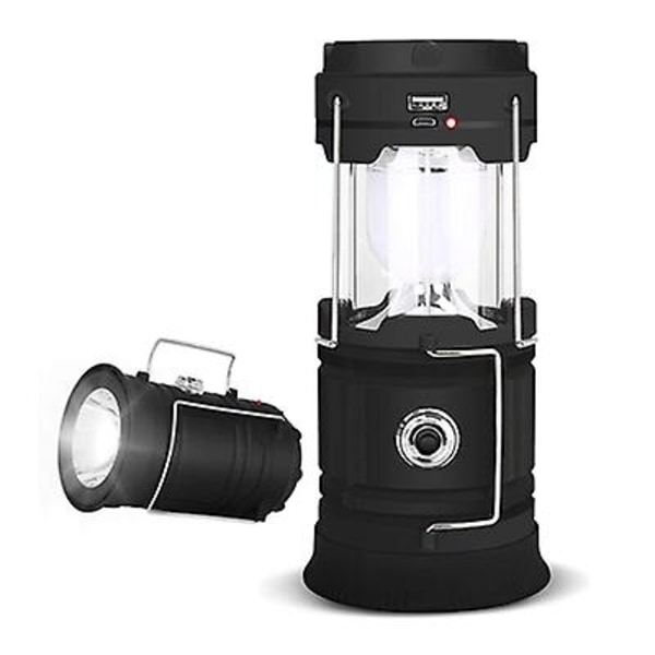 Bærbar Solcelle Camping LED Lys Utendørs Reise Nødlys Bærbar Lommelykt LED Campinglampe Lading Nød Black