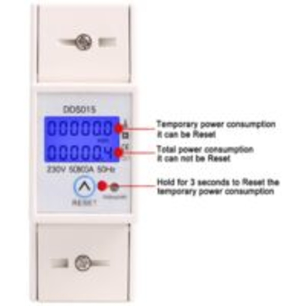 Digital Energimätare LCD Bakgrundsbelyst Display 5-80A 230V 50Hz Enfas Wattmätare DIN-skena Montering för Mätning av Elektrisk Energi