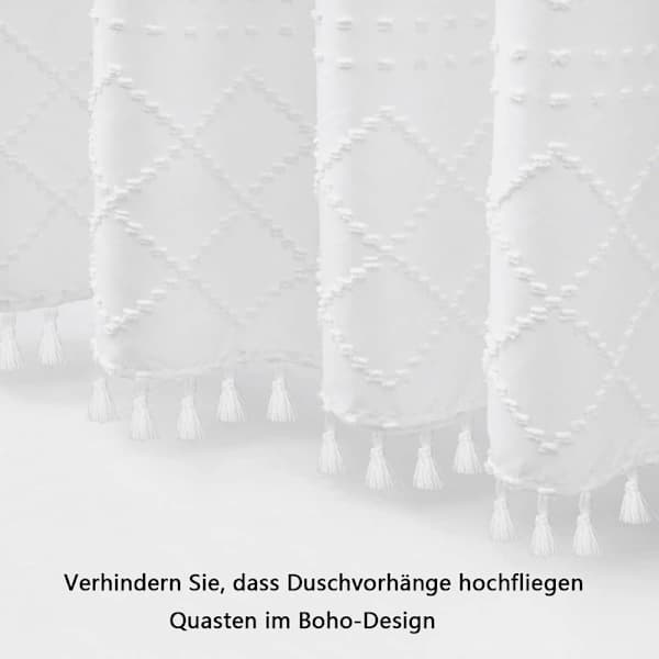 Duschdraperi för badrum - Vattentätt polyestertyg, bohemiskt vitt duschdraperi med tofsar, 183x213 cm