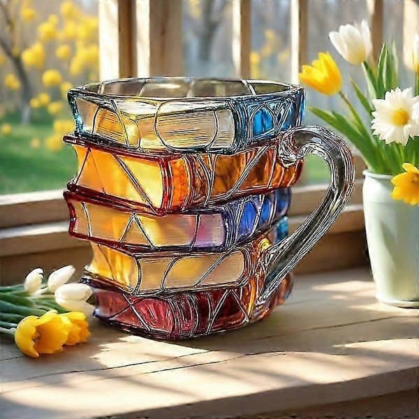 Nyhet 3D-målad Bok Kaffemugg, Unika Staplade Böcker Formade Kaffemuggar Presenter för Bokälskare