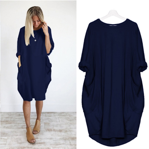 Afslappet løs lomme langærmet plus size kjole til kvinder Navy 4XL
