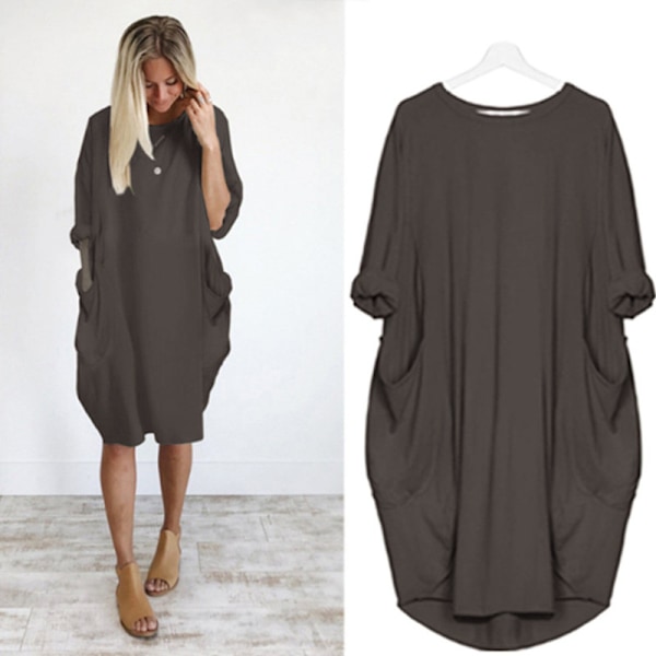 Afslappet løs lomme langærmet plus size kjole til kvinder Brown 4XL
