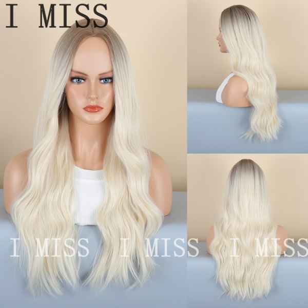 Blond lang parykk med midtskill og ombre for kvinner