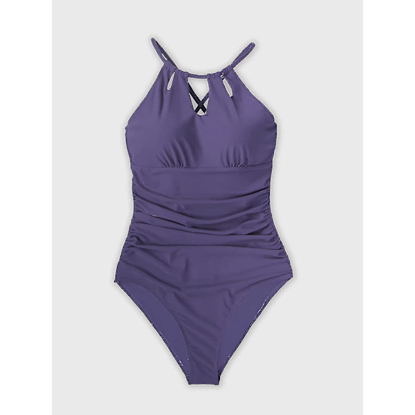 Dam badkläder i ett stycke med hög hals, strandkläder, rynkad magkontroll, baddräkt Purple M