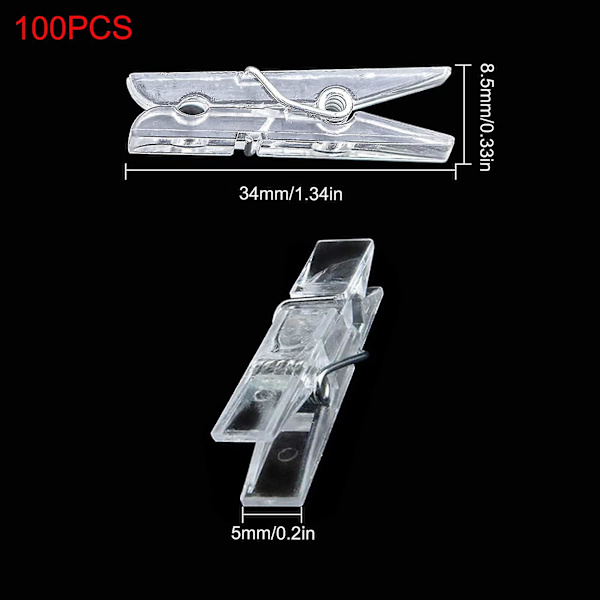 100 st Mini Clear Pegs Tiny Little Photo Clips 35mm Transparent Plast Fjäderklämmor För Att Hänga Foton Kort Papperskonst Hantverk Bild Bröllop Partie