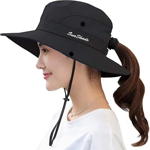 Kvinders udendørs UV-beskyttelse Foldbare solhatte, mesh bredskygget strandfiskehat Black