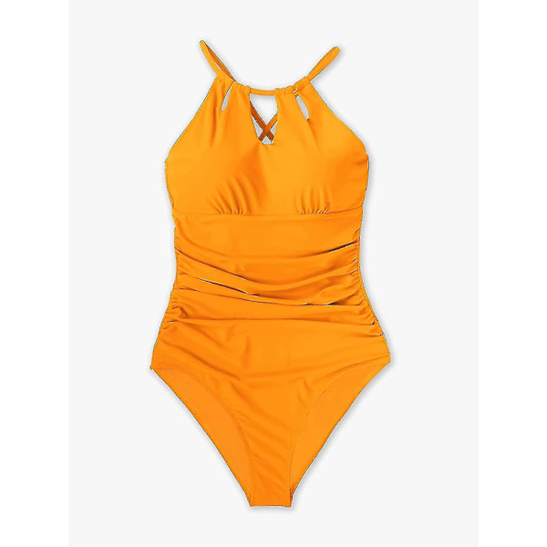 Dam badkläder i ett stycke med hög hals, strandkläder, rynkad magkontroll, baddräkt Sunrise Orange L