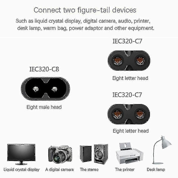 Iec320 C8 Til 2x C7 Y Split AC Strømkabel, Iec Figur 8 Han Til 2 Hun 1 Ind 2 Ud AC Strømkabel