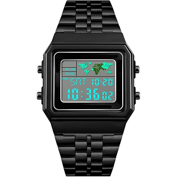Herrar Digital Klocka Stoppur Band Alarm Världstid Datum Vecka Metall Armband Utomhus Affärs Klocka