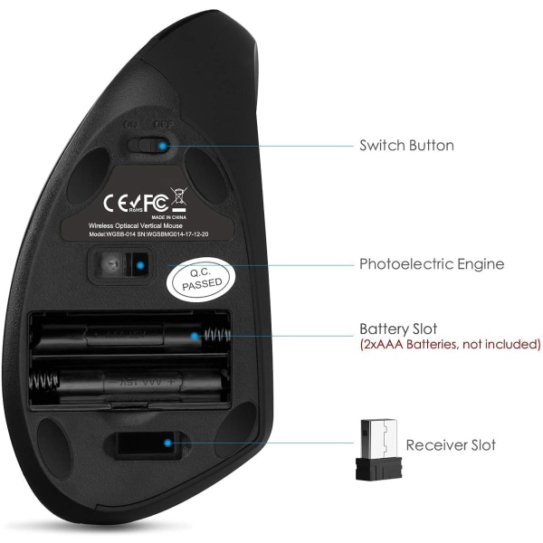 Ergonomisk Trådløs Mus - Vertikal Mus med 6 Knapper, 2.4G USB, Stille, 1000/1600/2400 DPI for Bærbar PC, PC, Tablet, Ipad, MacBook