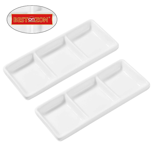 BESTONZON 2 stk. 15 cm Ren Hvit Keramisk Appetittbrett med 3 Rom Rektangulære Delte Sauseskåler for Krydder Soyasaus