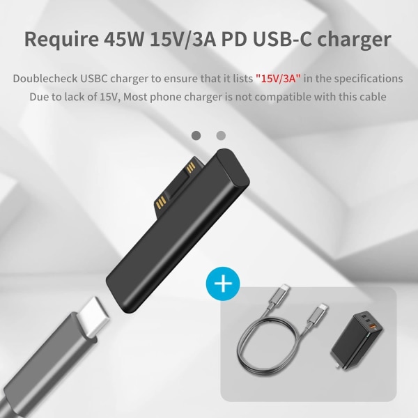 Portable Surface Liitä USB Type C -sovittimeen Surface Pro 7 6 5th Gen 4 3 -kannettavan 15 V PD -lataukseen