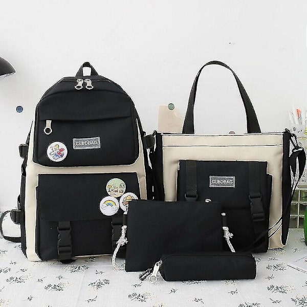 4 st set canvas skolväskor för tonårsflickor ryggsäck kvinnor laptop ryggsäck skolväskor för pojkar resebagpack Mochila Escolar 5pcs dark-tassel