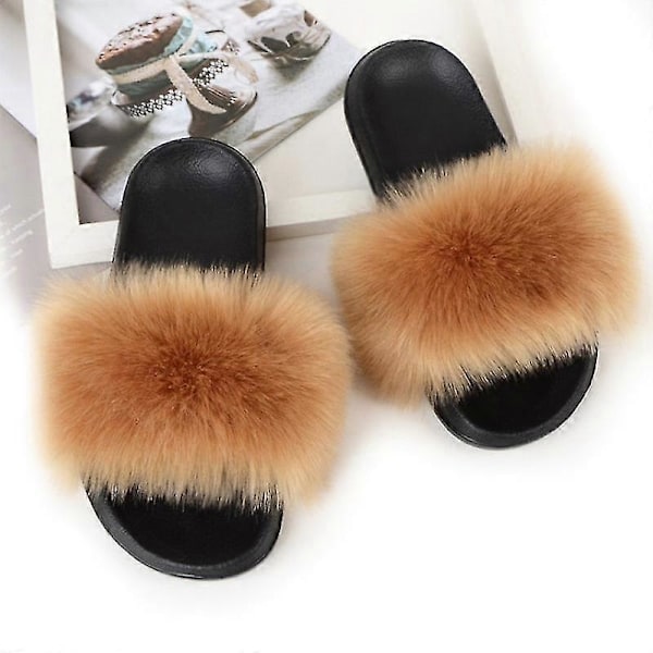 Dame Faux Fur Slippers Dame Slippers Fuzzy Sandaler Flip Flop Pelsede Slippers Bløde Flade Til Indendørs Udendørs 11 SIZE 40-41