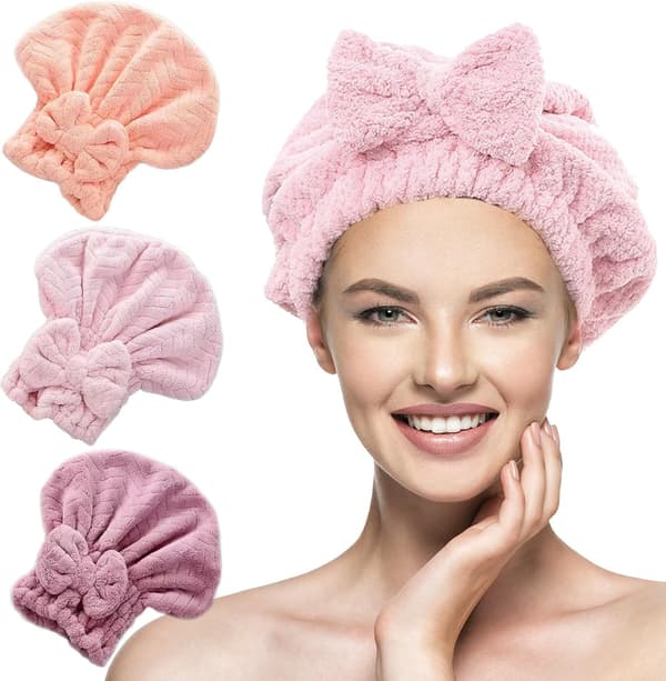 (NY) 3-pak mikrofiber tørrehåndklæde til hår, tørrehætte til hår, sløjfe badehætte, superabsorberende, hurtigtørrende strandbadehætte, håndklædeturban