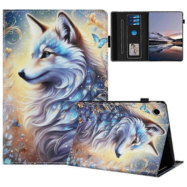 Samsung Galaxy Tab A9 -kotelolle kuvioitu nahkainen tablettisuojus automaattisella lepo-/herätystoiminnolla ja korttipidikkeellä White Wolf