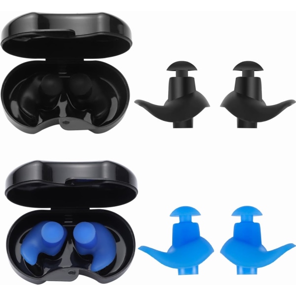 2 par simöronproppar, simöronproppar i silikon för vuxna, återanvändbara vattentäta öronproppar med case (svart+blå)