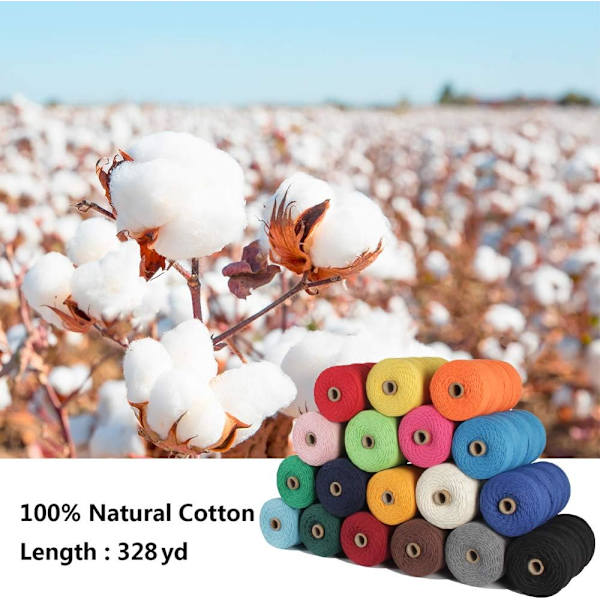 Makrameenaru, 2mm x 437 yd (noin 400m) 100% luonnonpuuvillaa, pehmeä, värjäämätön köysi, beige keltainen