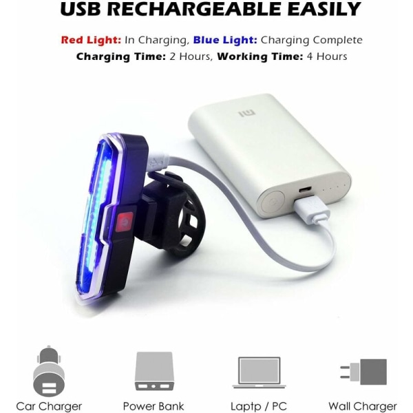 110 Lumen Sterk Sykkellys Bak, USB Ladbar LED Sykkellys med 5 Faste/Blinkende Moduser