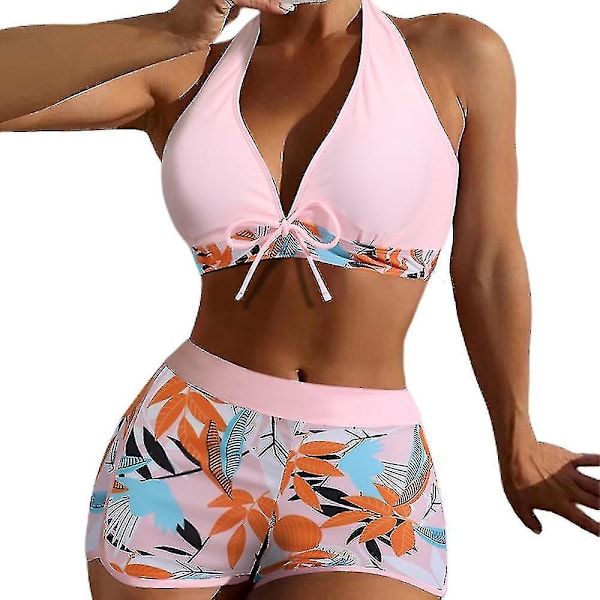 Dambikini med Halterneck Push Up BH, Baddräkt med Shorts, Tvådelad Baddräkt, Sommarstrandkläder, Badkläder Light Pink XL
