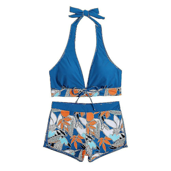 Dambikini med Halterneck Push Up BH, Baddräkt med Shorts, Tvådelad Baddräkt, Sommarstrandkläder, Badkläder Blue M