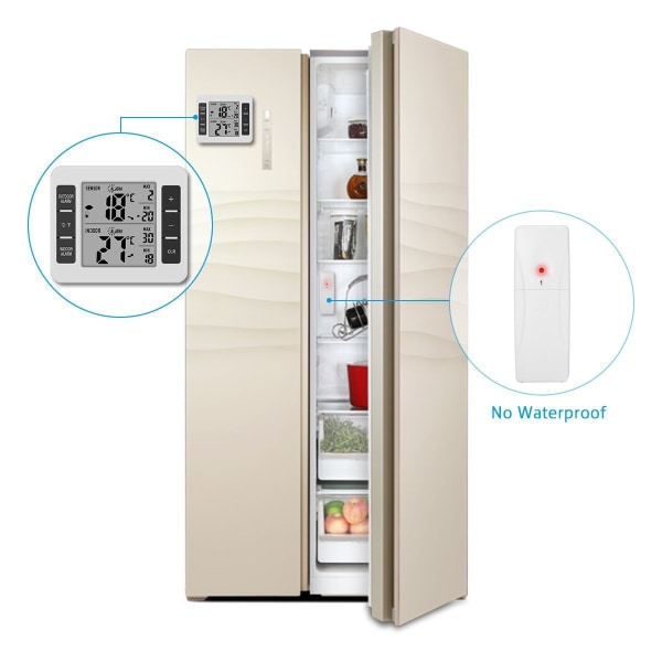 LCD digitalt køleskabstermometer, frysertermometer, køleskabstermometer med dobbelte sensorer, vækkeur og min/maks. registreringer [batteri ikke inkluderet]