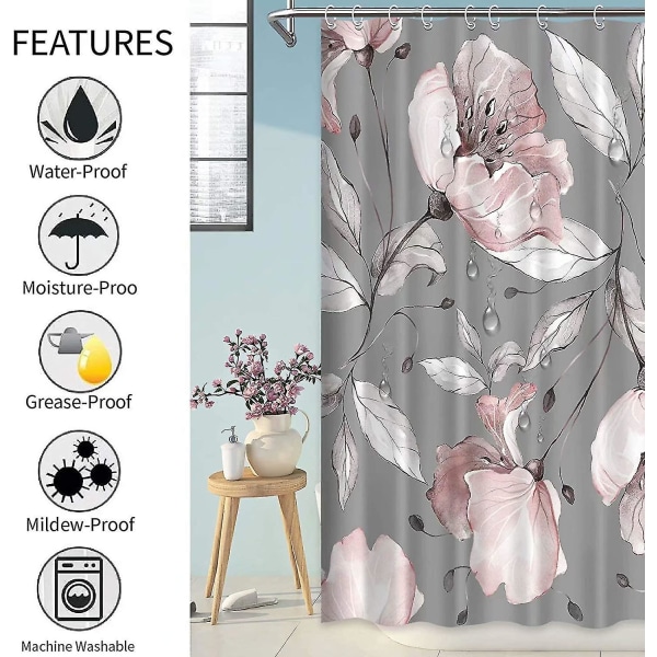 Pink Grå Rose Blomster Bruseforhæng Sæt - Blomsterdesign, Blå Baggrund, Stof Vandtæt Og Vaskbar Grey 72*78