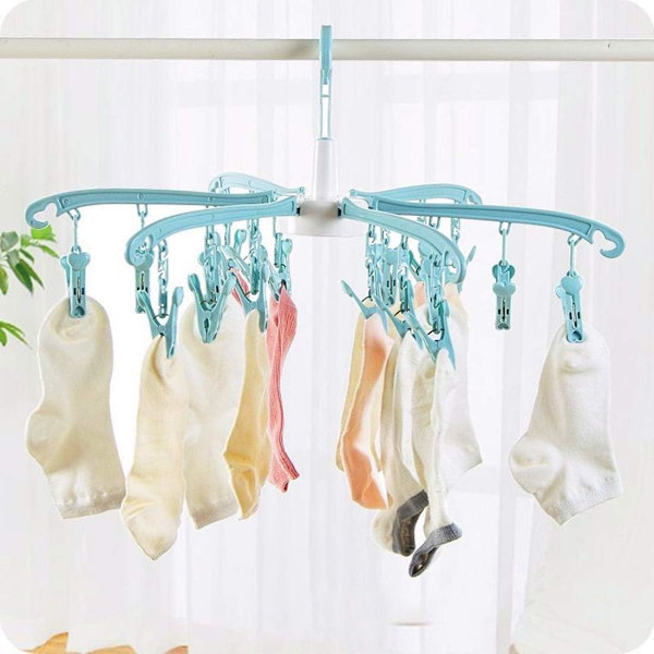 FLM Clips Folding Dryer - Bærbar sammenleggbar klesstativ med 18 klips for sokker og undertøy, blå