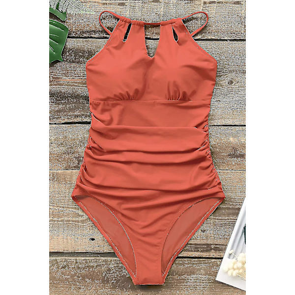 Dam badkläder i ett stycke med hög hals, strandkläder, rynkad magkontroll, baddräkt Orange M