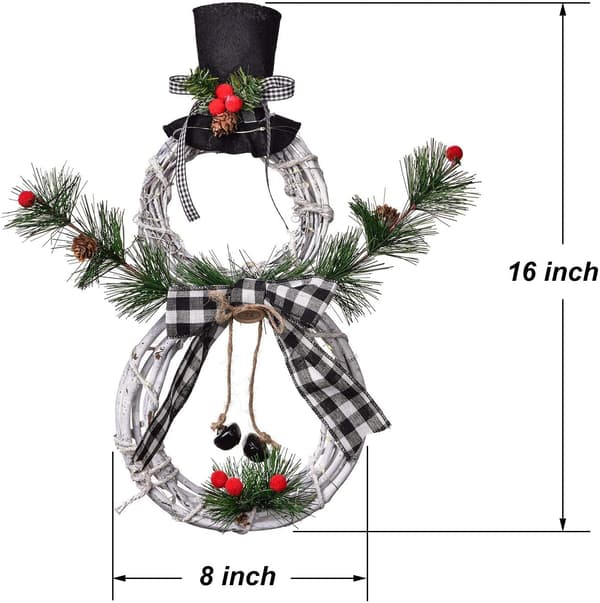 Julkrans i trä med LED-snögubbe, hatt och rosett