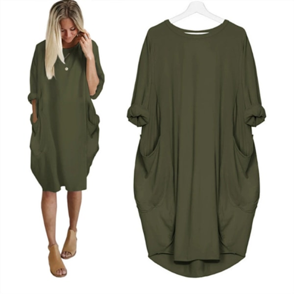 Afslappet løs lomme langærmet plus size kjole til kvinder green 4XL