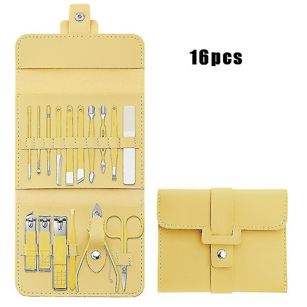 Set med 16 Nagelklippare i Rostfritt Stål, Nagelklipparset med Vikbart Fodral, Manikyr Saxar, Naglar Lemon Yellow
